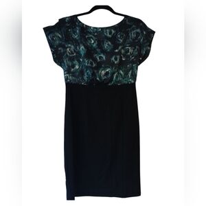 Ann Taylor Blue Black Floral Art Silk Satin Blouse Work Cocktail Dress- 2